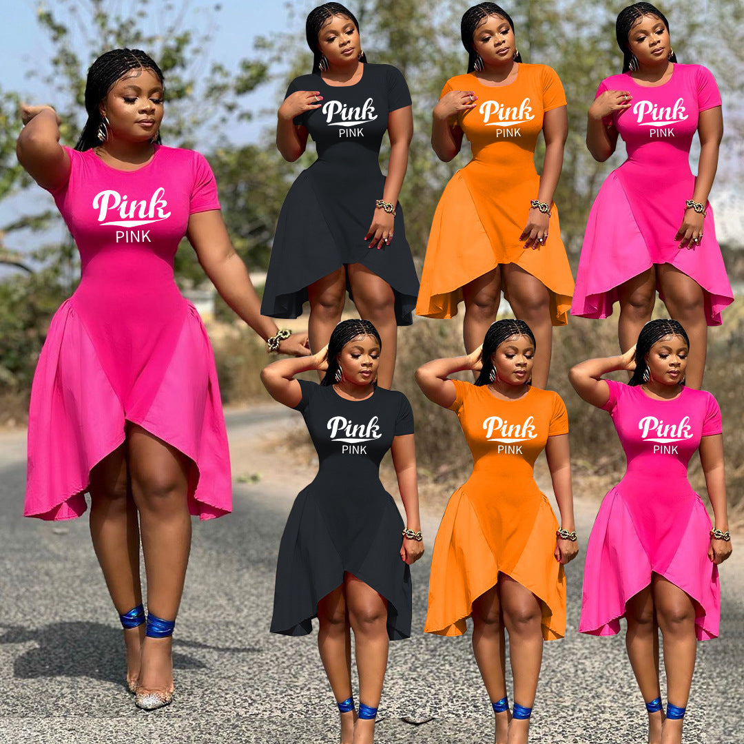 Sexy Plus Size Pink Letter Print Knee Lenght Dress
