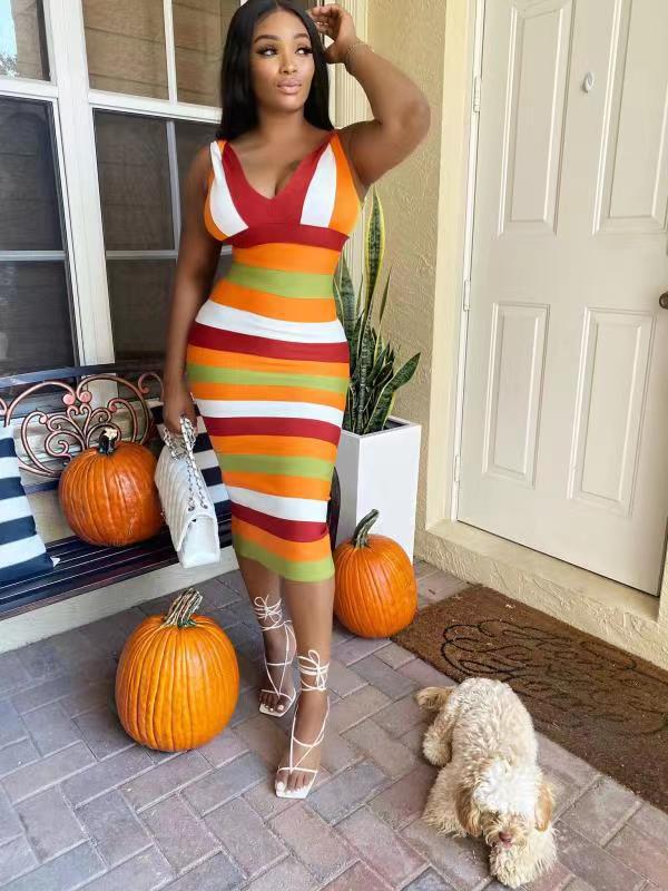 Sexy Sexy Striped V Neck Sleeveless Split Midi Dress