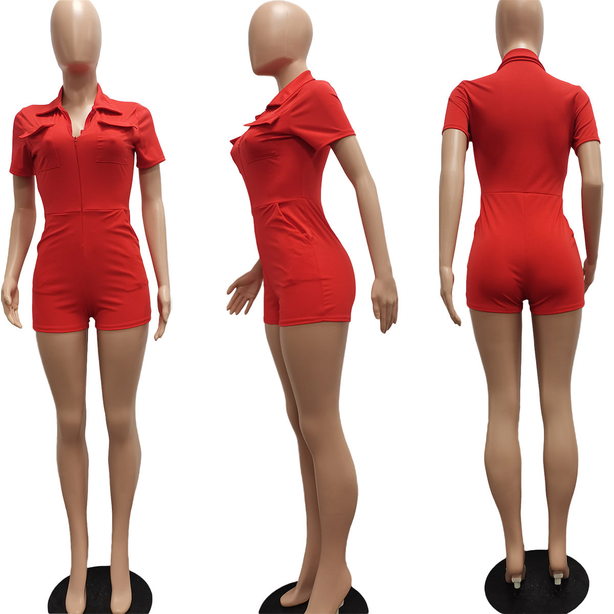 Sexy Solid Short Sleeve Pocket Tight Romper