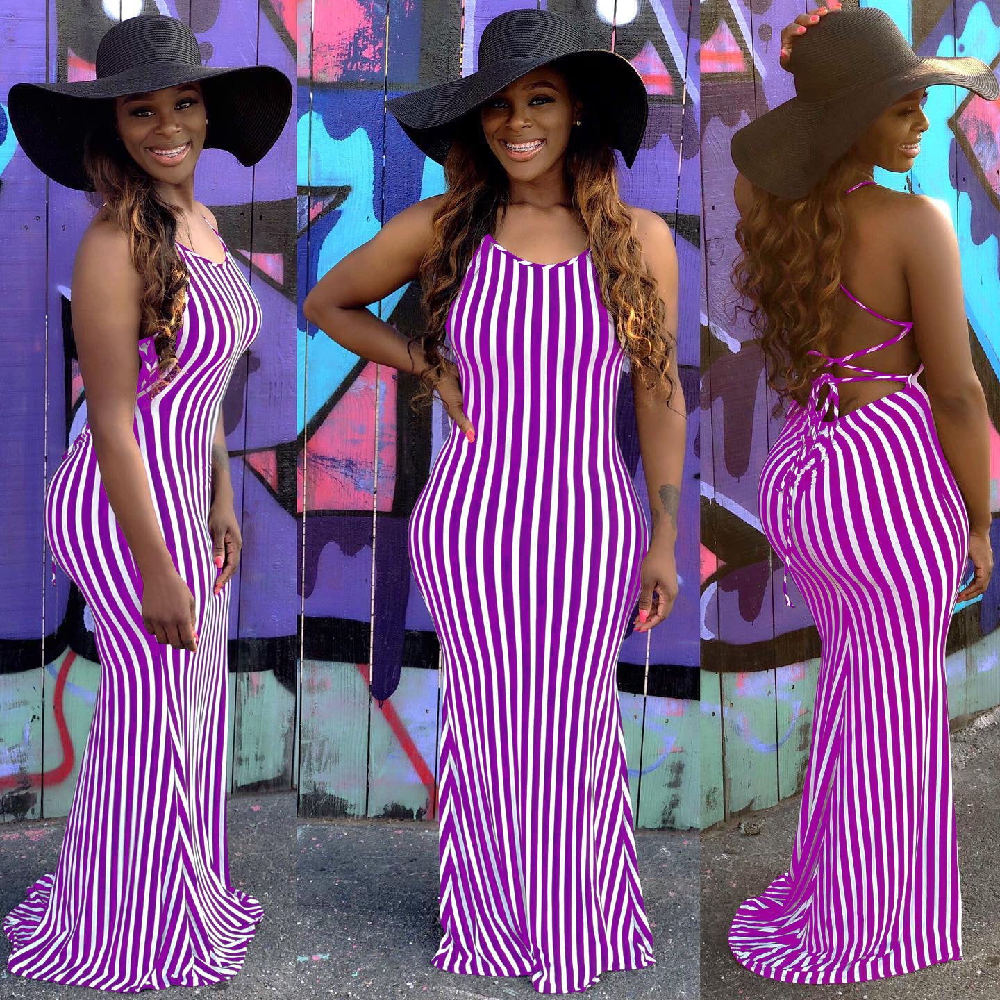 Sexy Sexy Striped Cross Strap Maxi Dress