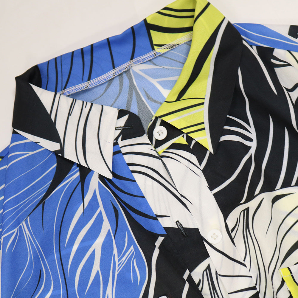 Sexy Plus Size Printed Short Sleeve Buttons Belted Maxi Dress