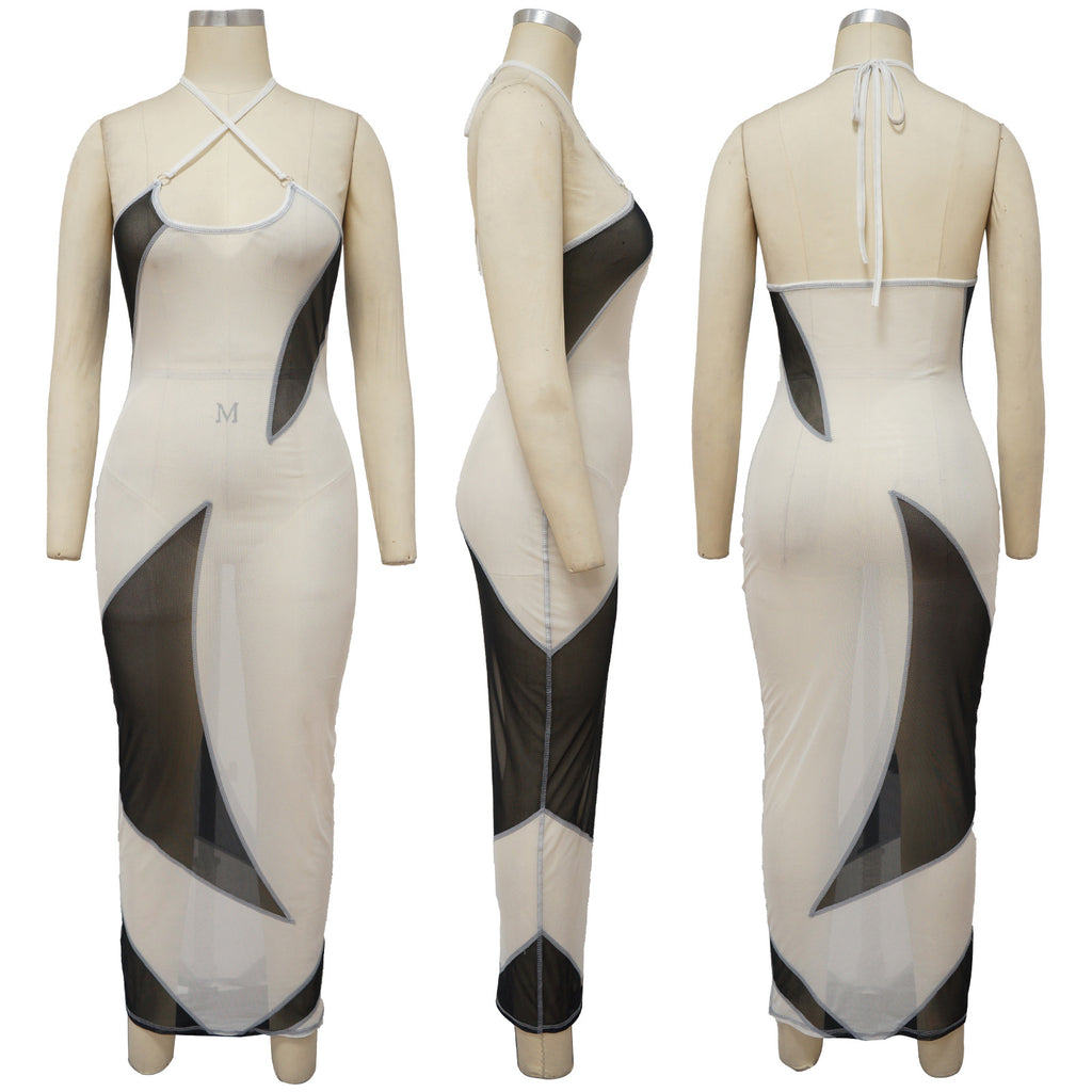 Sexy Sexy See Through Splice Halter Maxi Dress