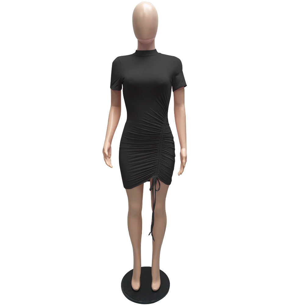 Sexy Solid Short Sleeve Drawstring Slim Mini Dress