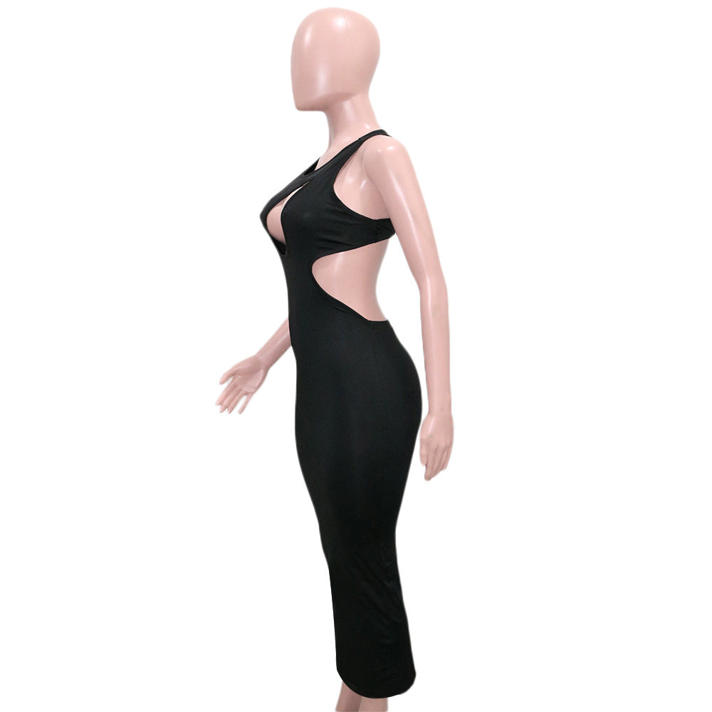 Sexy Solid Sleeveless Hollow Out Long Dress