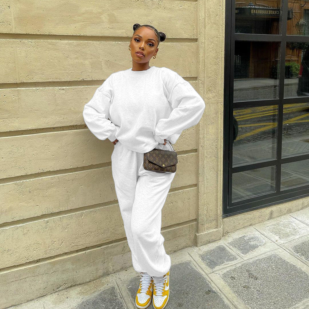 Sexy Solid Color Plush Sweatshirt Pant Two Piece Set