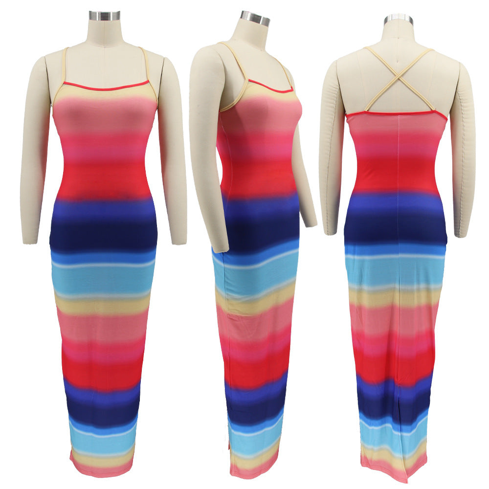 Sexy Rainbow Color Split Slim Maxi Dress