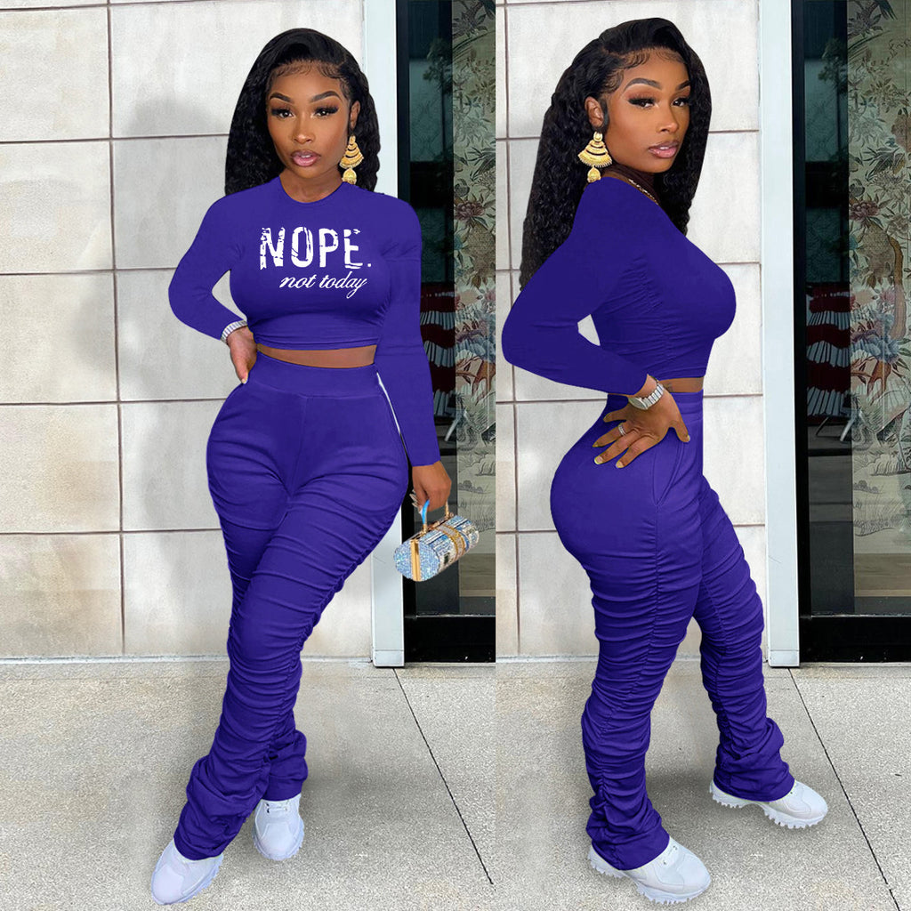 Sexy Letter Print T Shirt And Pleated Stacked Pant 2 Piece Set