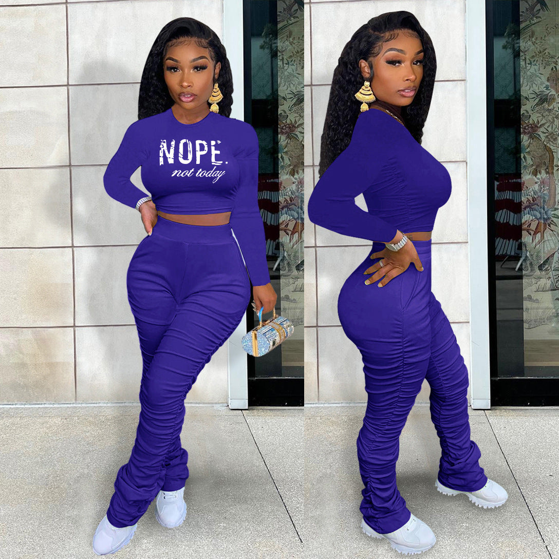 Sexy Letter Print T Shirt And Pleated Stacked Pant 2 Piece Set