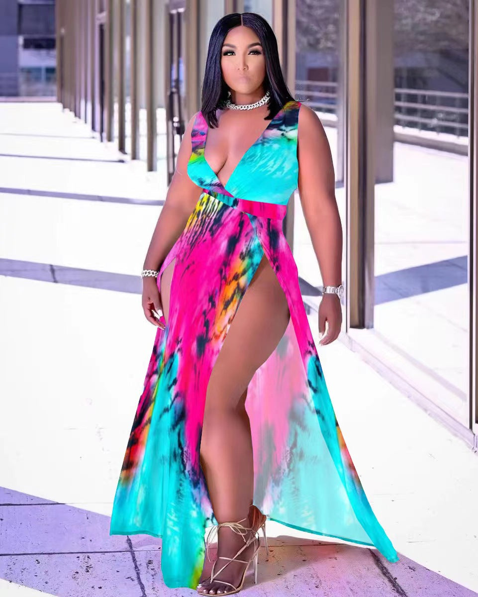 Sexy Sexy Printed V Neck Sleeveless High Split Maxi Dress