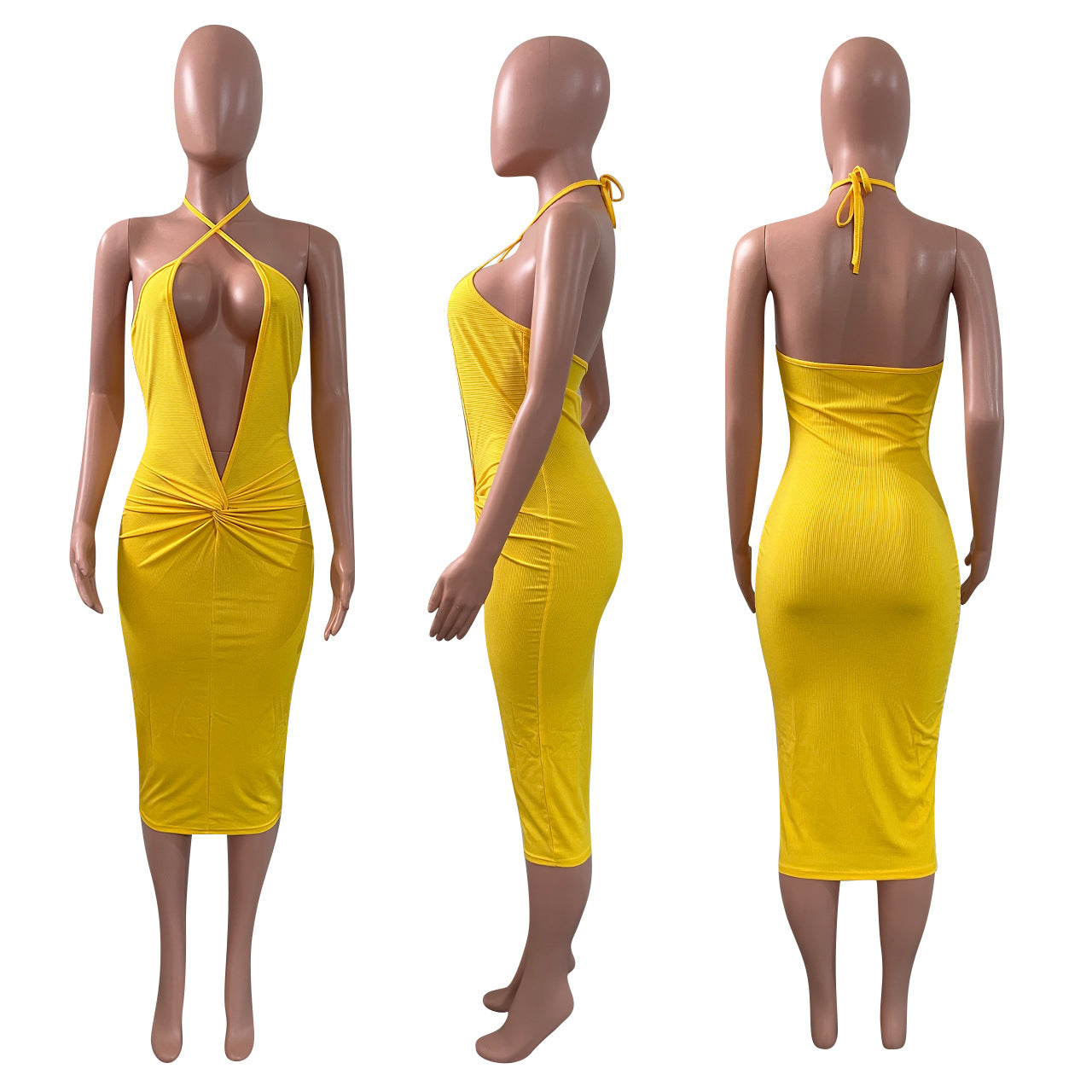 Sexy Solid Deep V Neck Halter Midi Dress