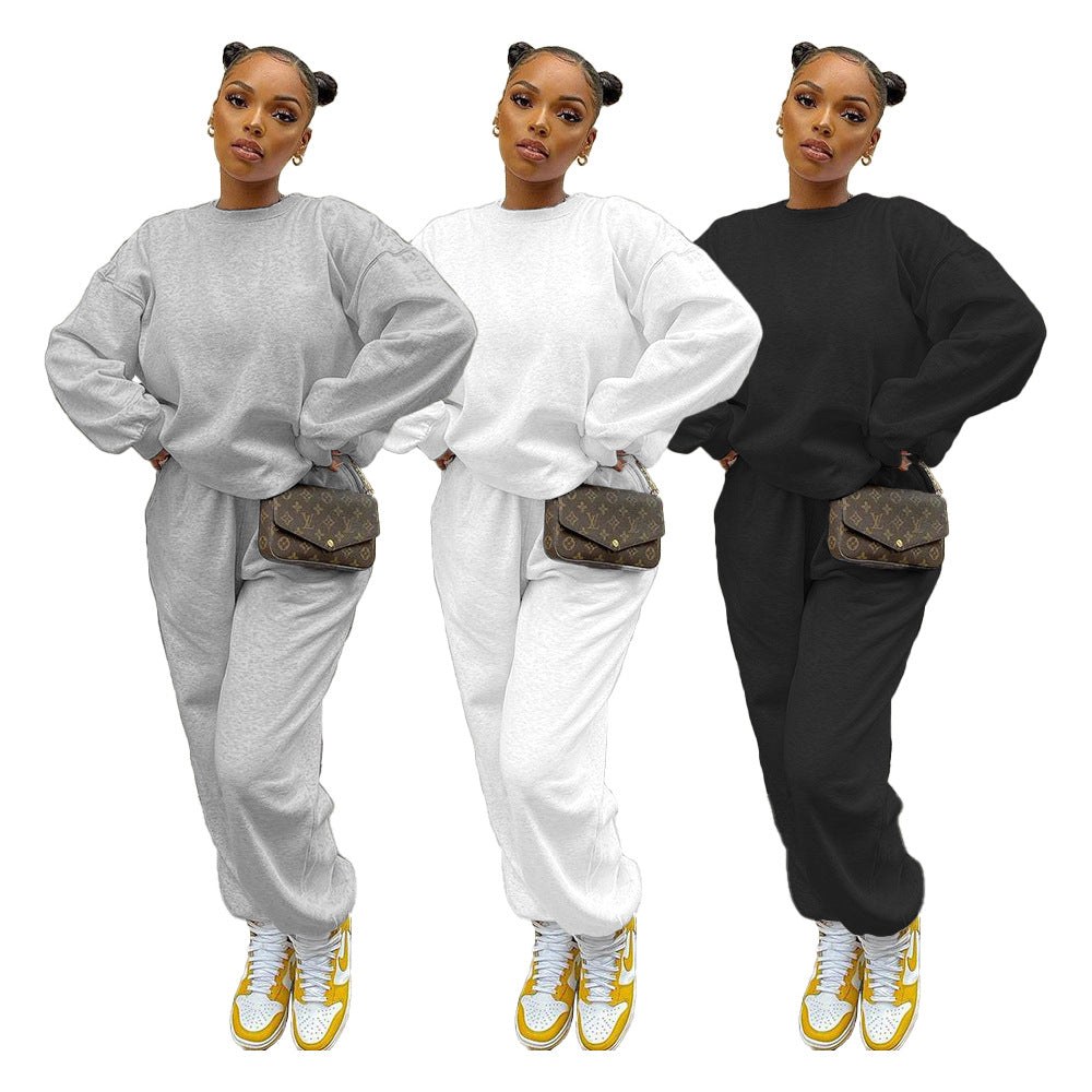 Sexy Solid Color Plush Sweatshirt Pant Two Piece Set