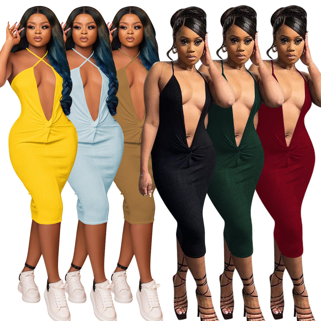 Sexy Solid Deep V Neck Halter Midi Dress