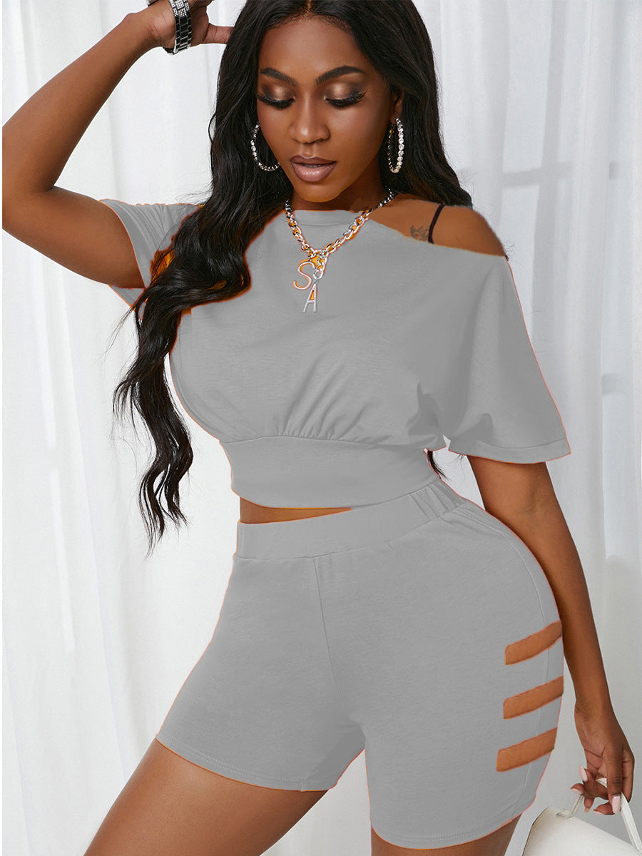 Sexy Solid Off Shoulder Hollow Out Two Piece Shorts Set