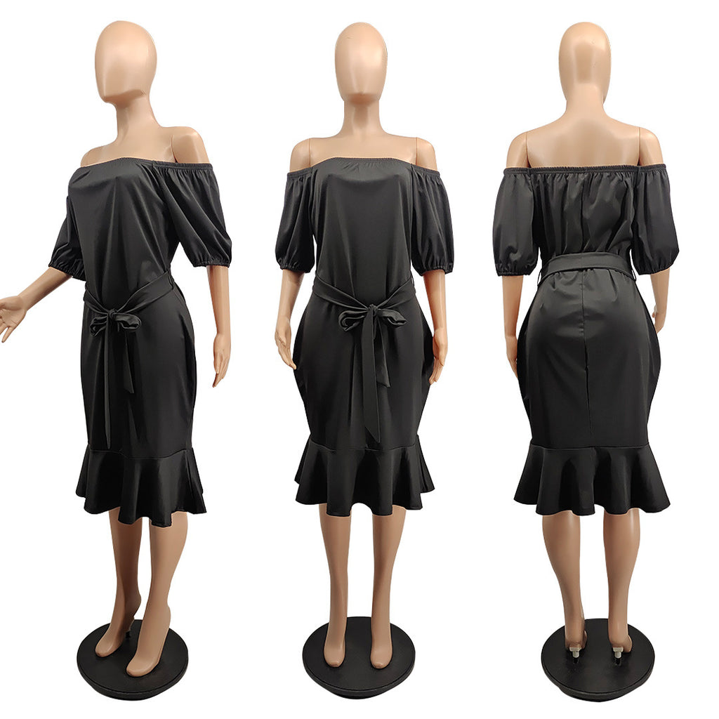 Sexy Plus Size Slash Neck Half Sleeve Rullfed Midi Dress