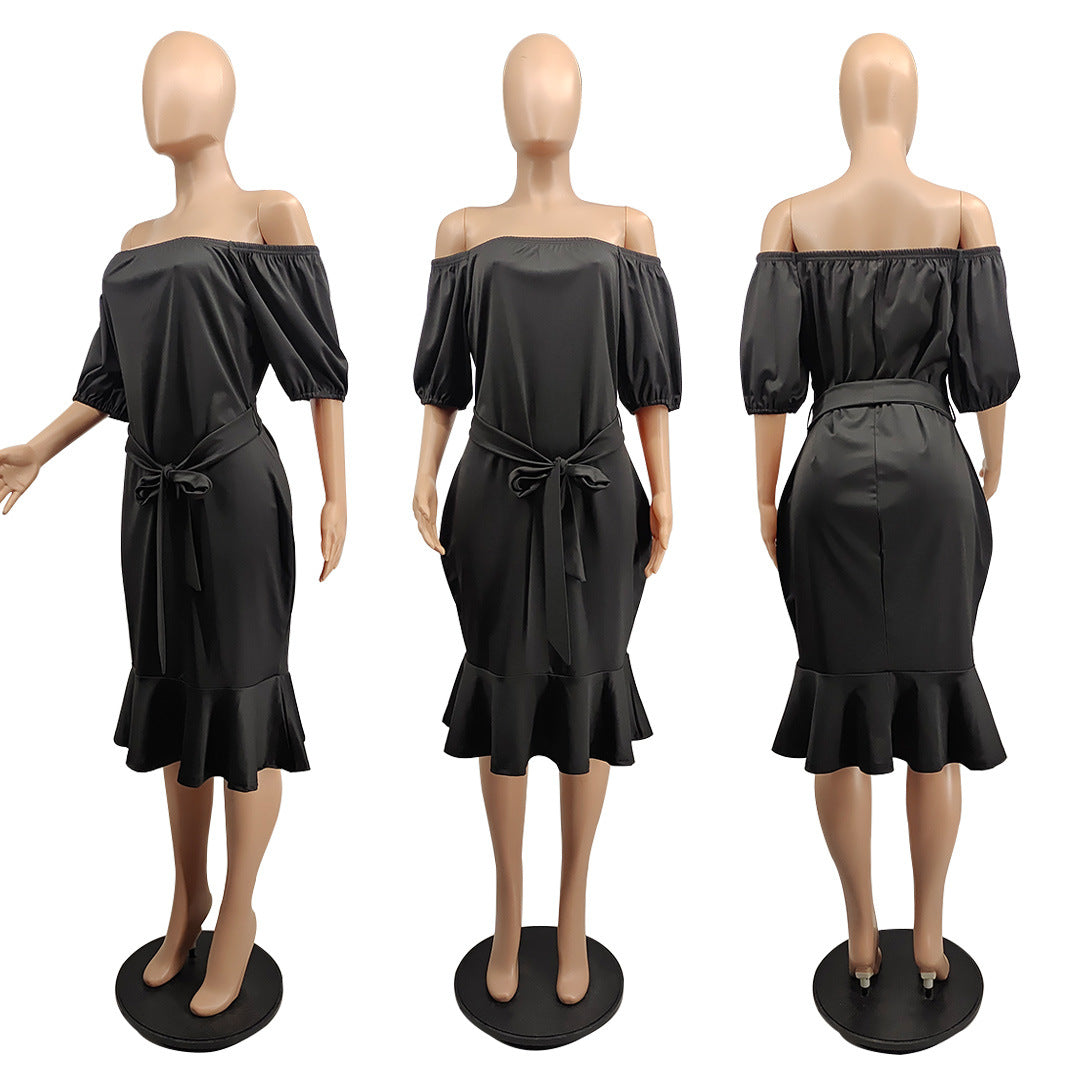 Sexy Plus Size Slash Neck Half Sleeve Rullfed Midi Dress