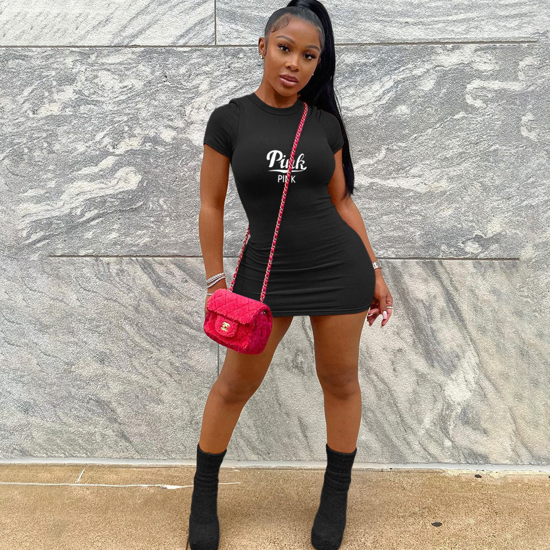 Sexy Pink Letter Short Sleeve O Neck Mini Dress