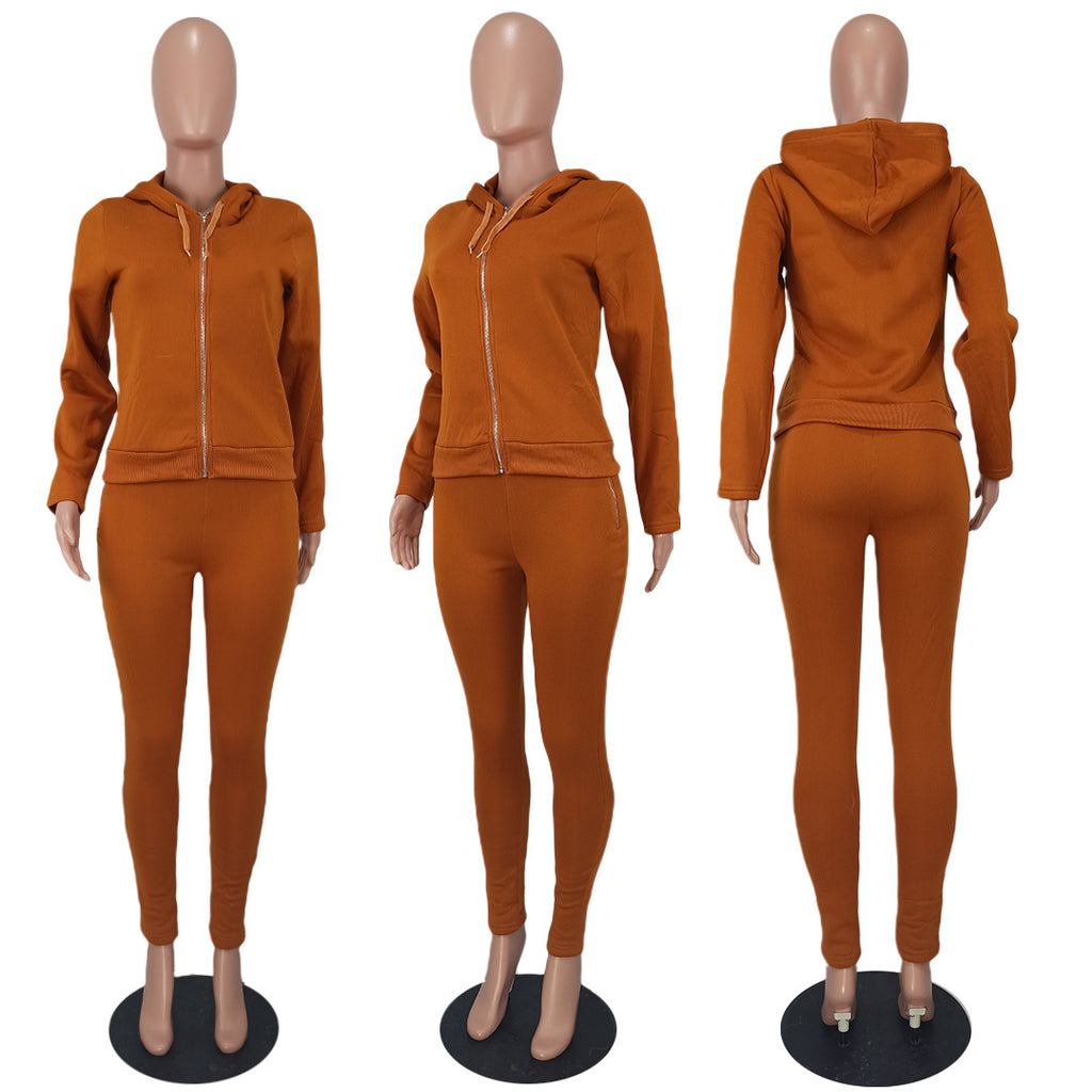 Sexy Solid Fleece Hooded Zipper Long Sleeve Two Piece Sets