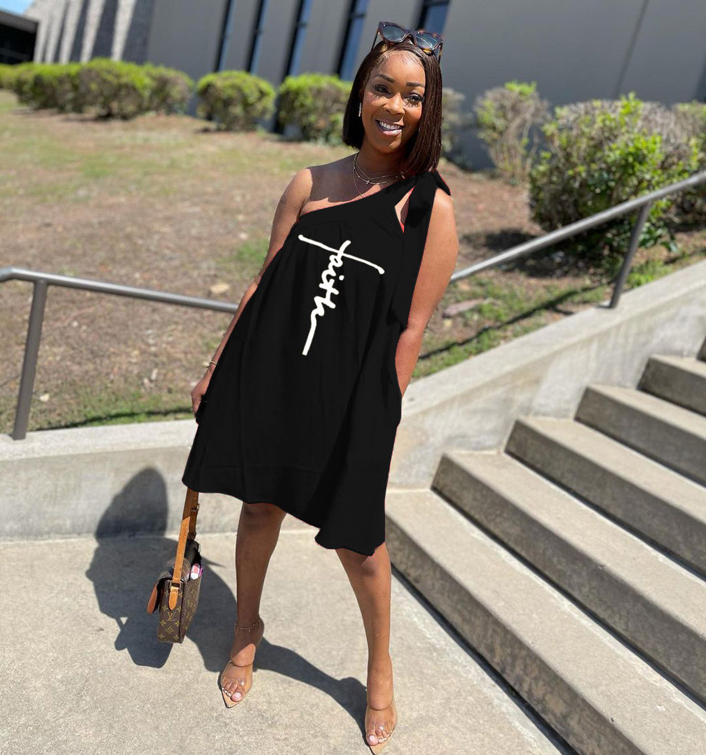 Sexy Letter Print One Shoulder Sleeveless Loose Dress