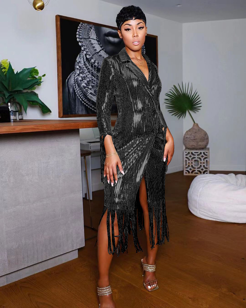 Sexy Shiny Sequins Tassel Long Sleeve Midi Dress
