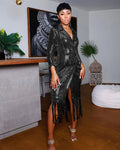 Sexy Shiny Sequins Tassel Long Sleeve Midi Dress