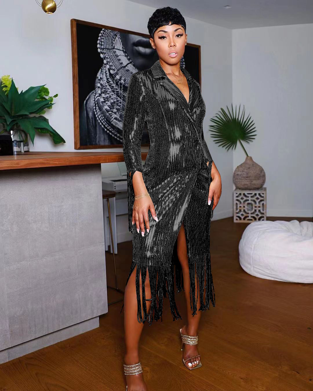 Sexy Shiny Sequins Tassel Long Sleeve Midi Dress