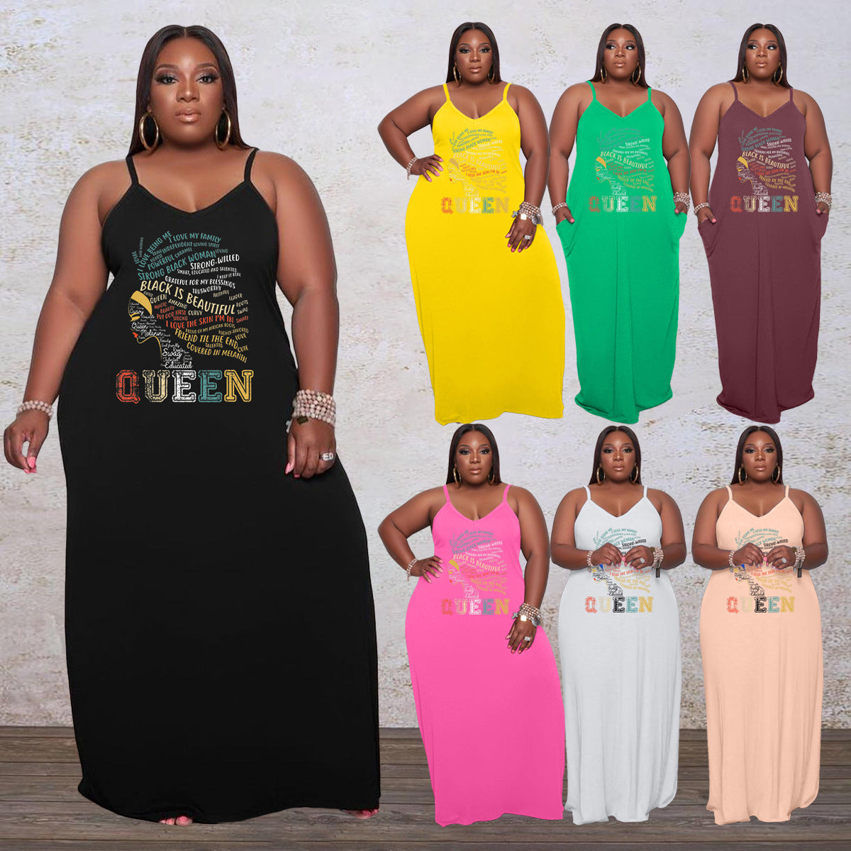 Sexy Plus Size QUEEN Letter Loose Sling Maxi Dress