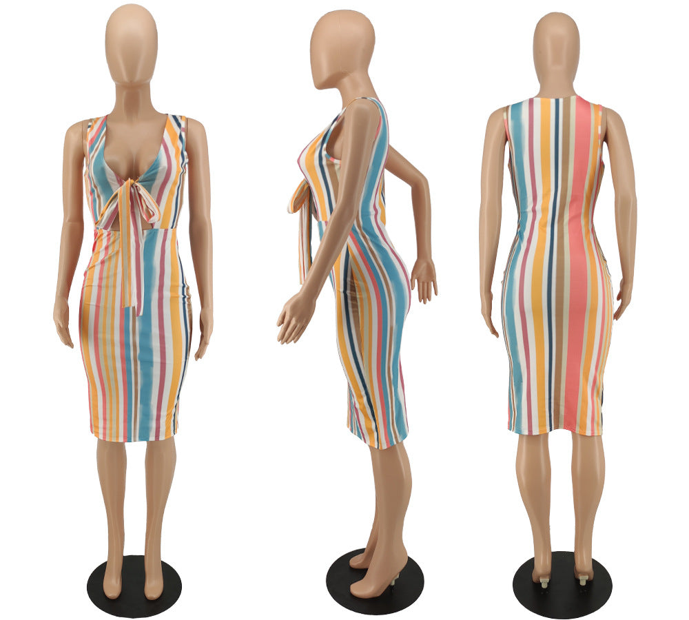 Sexy Sleeveless Stripe Print Slim Midi Dress