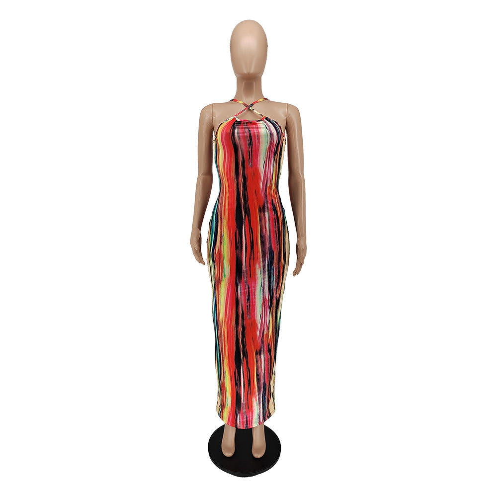 Sexy Tie Dye Print Cross Strap Sleeveless Maxi Dress