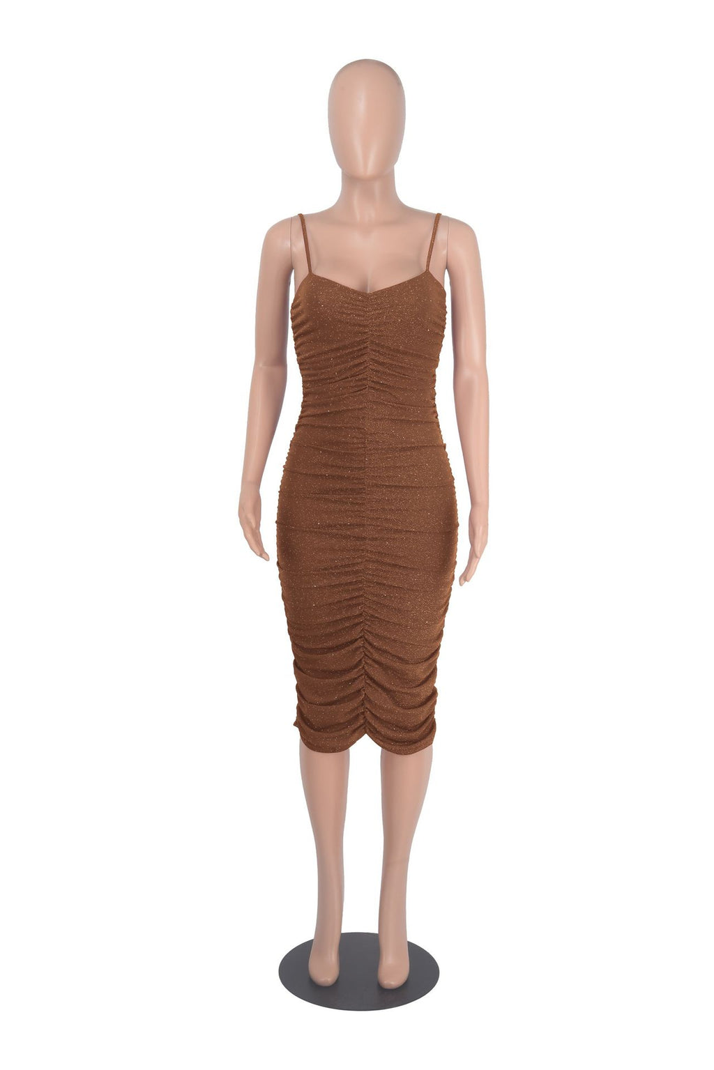 Sexy Shiny Ruched Spaghetti Strap Slim Midi Dress