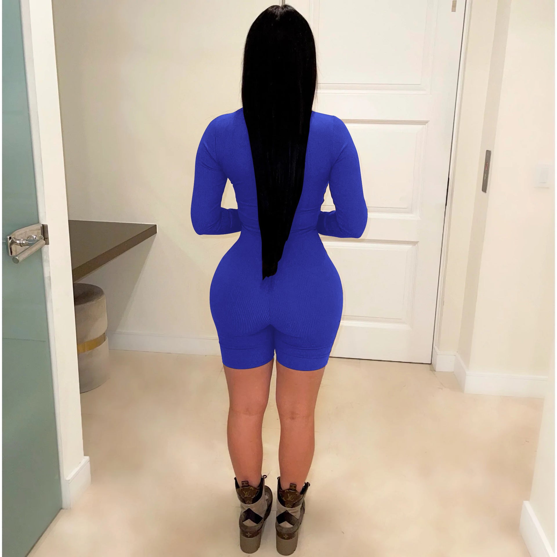 Sexy Solid Zipper Long Sleeve Sport Romper