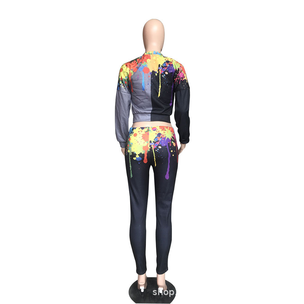 Sexy Splash Ink Print Lace Up Top Pants Two Piece Set