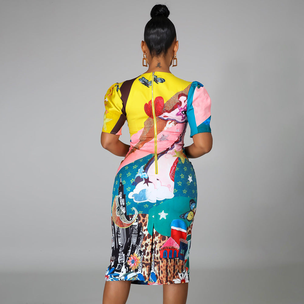 Sexy Giraffe Print Short Sleeve Midi Dress