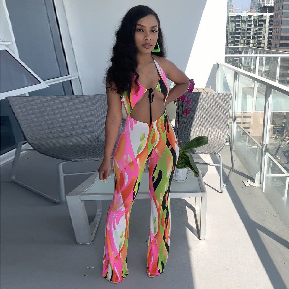 Sexy Sexy Printed Halter Backless Jumpsuit