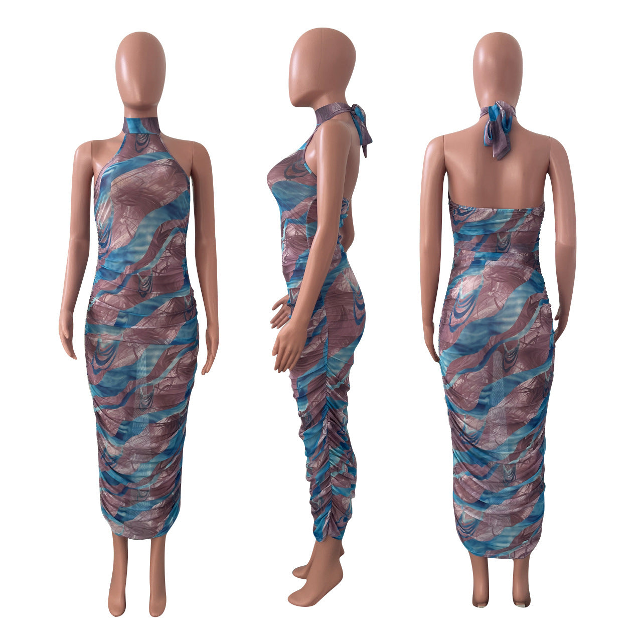 Sexy Sexy Mesh Print Halter Ruched Maxi Dress