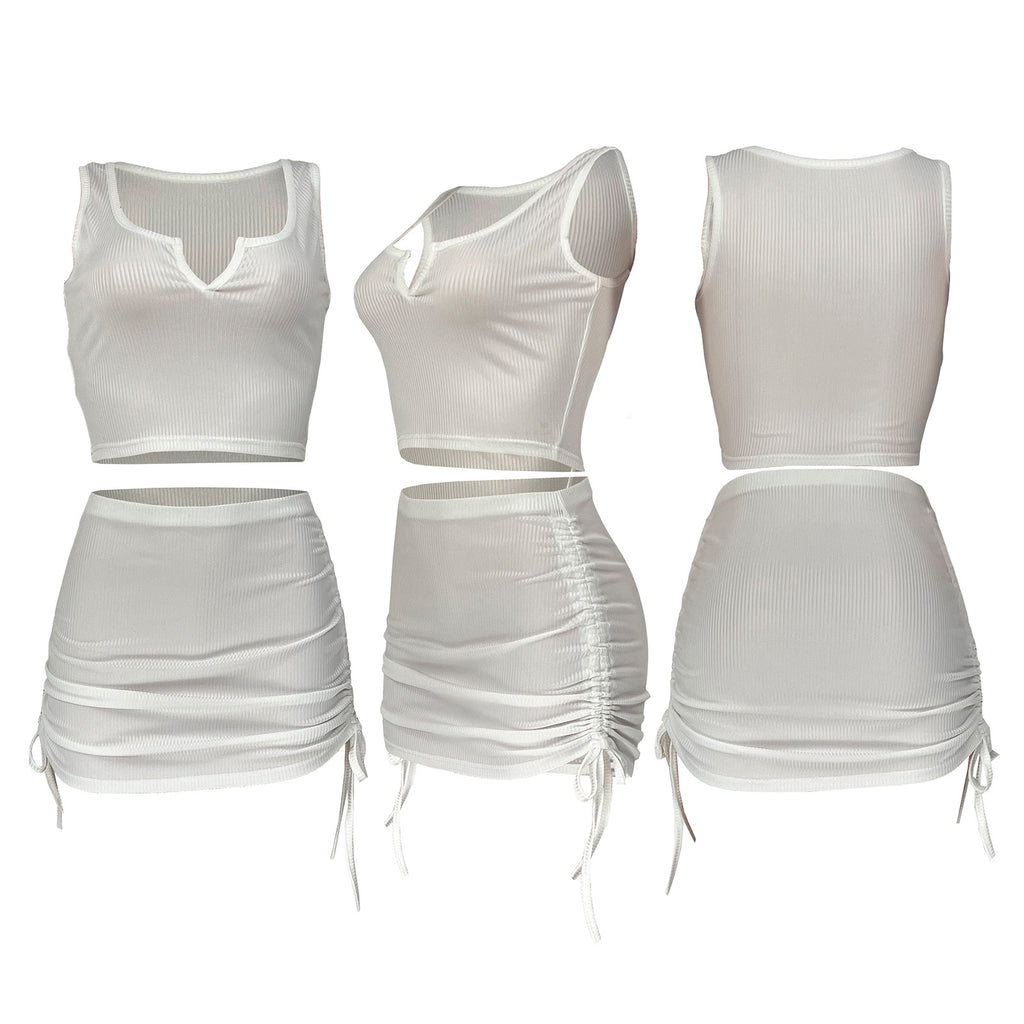 Sexy Solid Color Sleeveless Drawstring Skirt 2 Piece Set