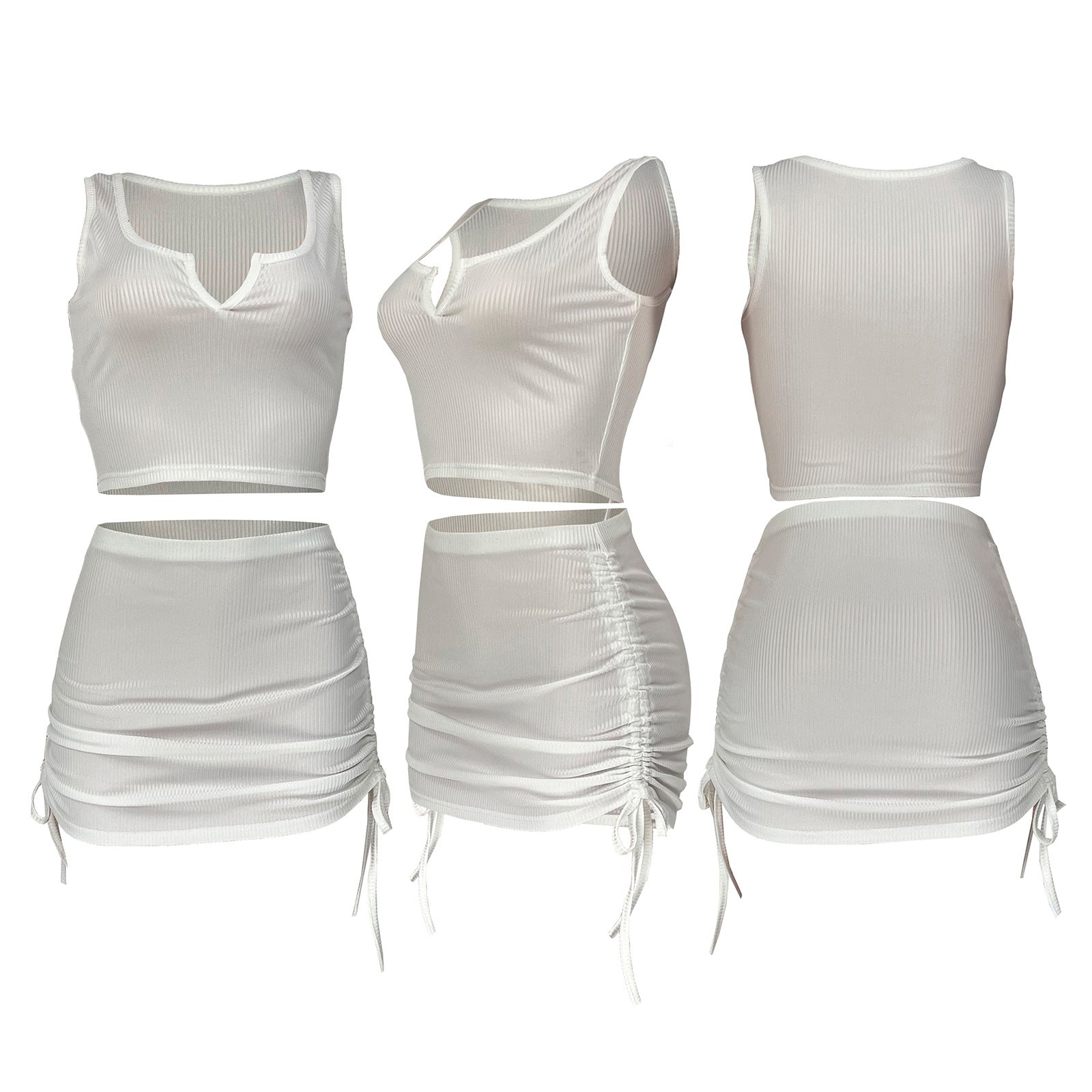 Sexy Solid Color Sleeveless Drawstring Skirt 2 Piece Set