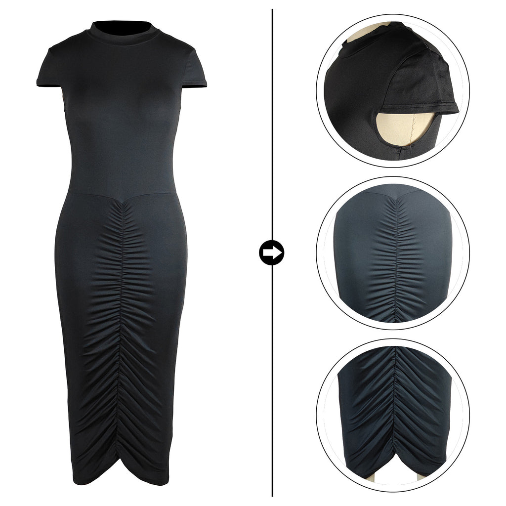 Sexy Solid Color Short Sleeve Ruched Maxi Dress