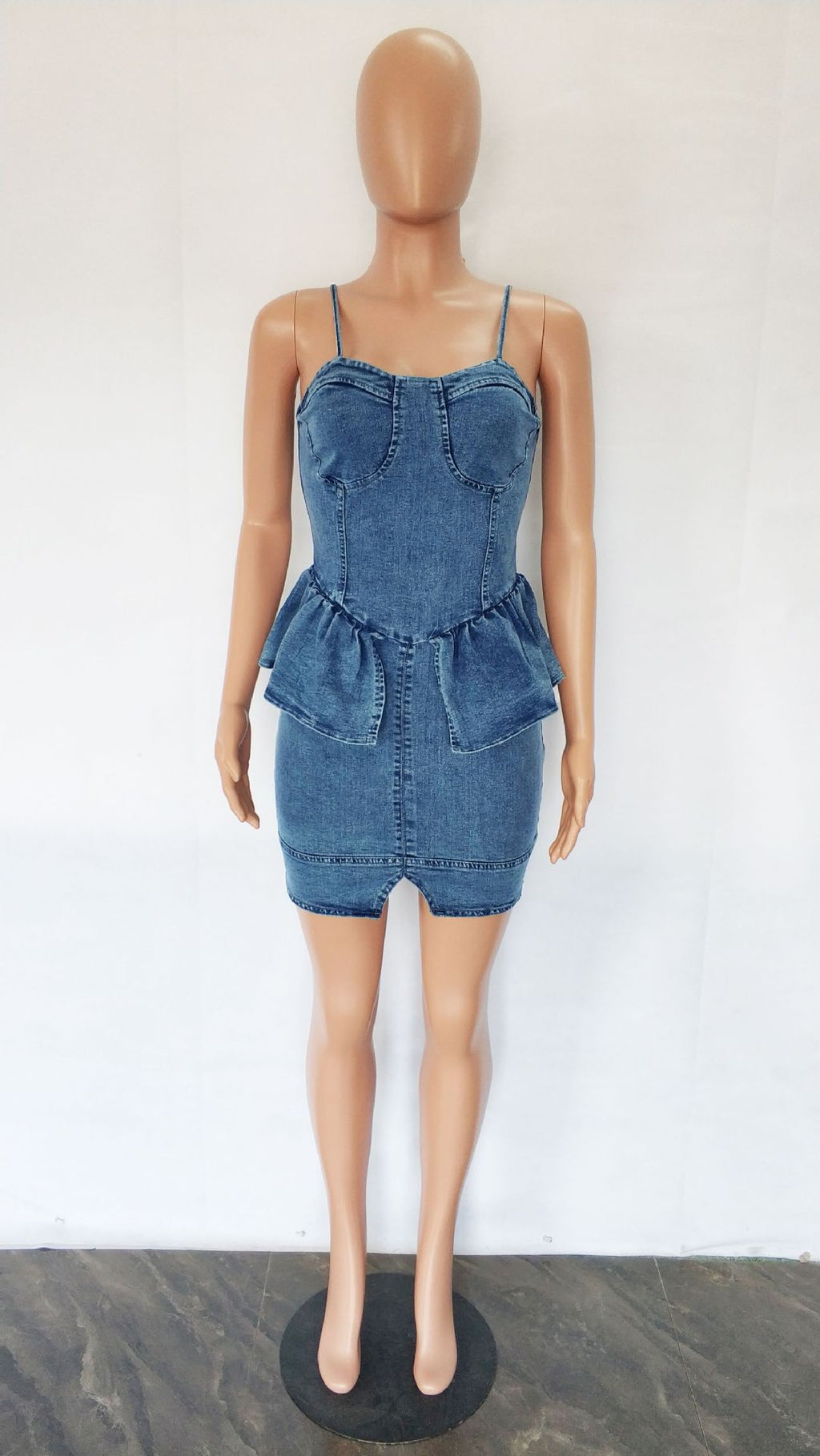 Sexy Denim Ruffled Spaghetti Strap Bodycon Mini Dress