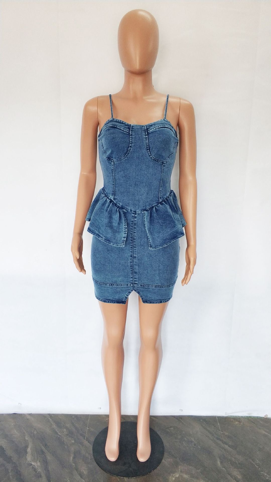 Sexy Denim Ruffled Spaghetti Strap Bodycon Mini Dress