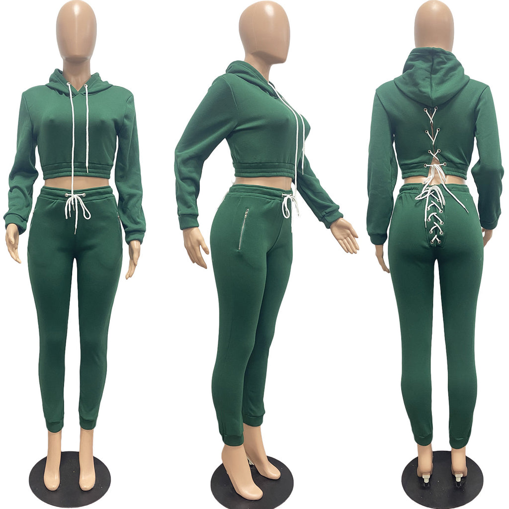 Sexy Solid Plush Hooded Lace Up Long Sleeve 2 Piece Pants Set