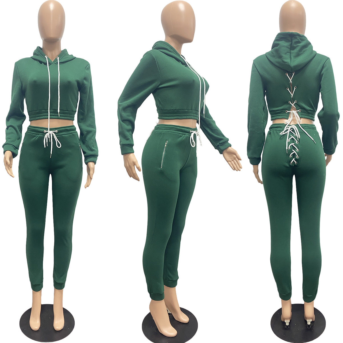 Sexy Solid Plush Hooded Lace Up Long Sleeve 2 Piece Pants Set