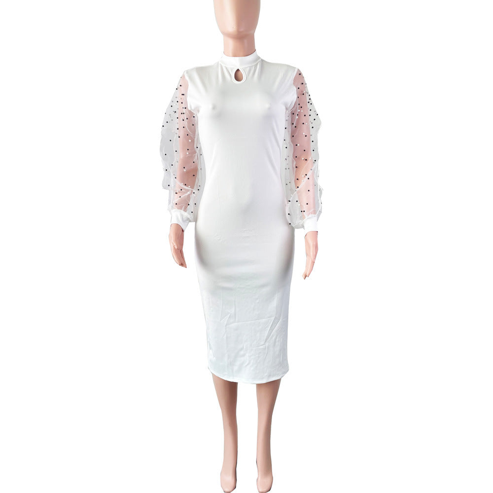 Sexy Solid Fashion Bead Long Sleeve Slim Midi Dress
