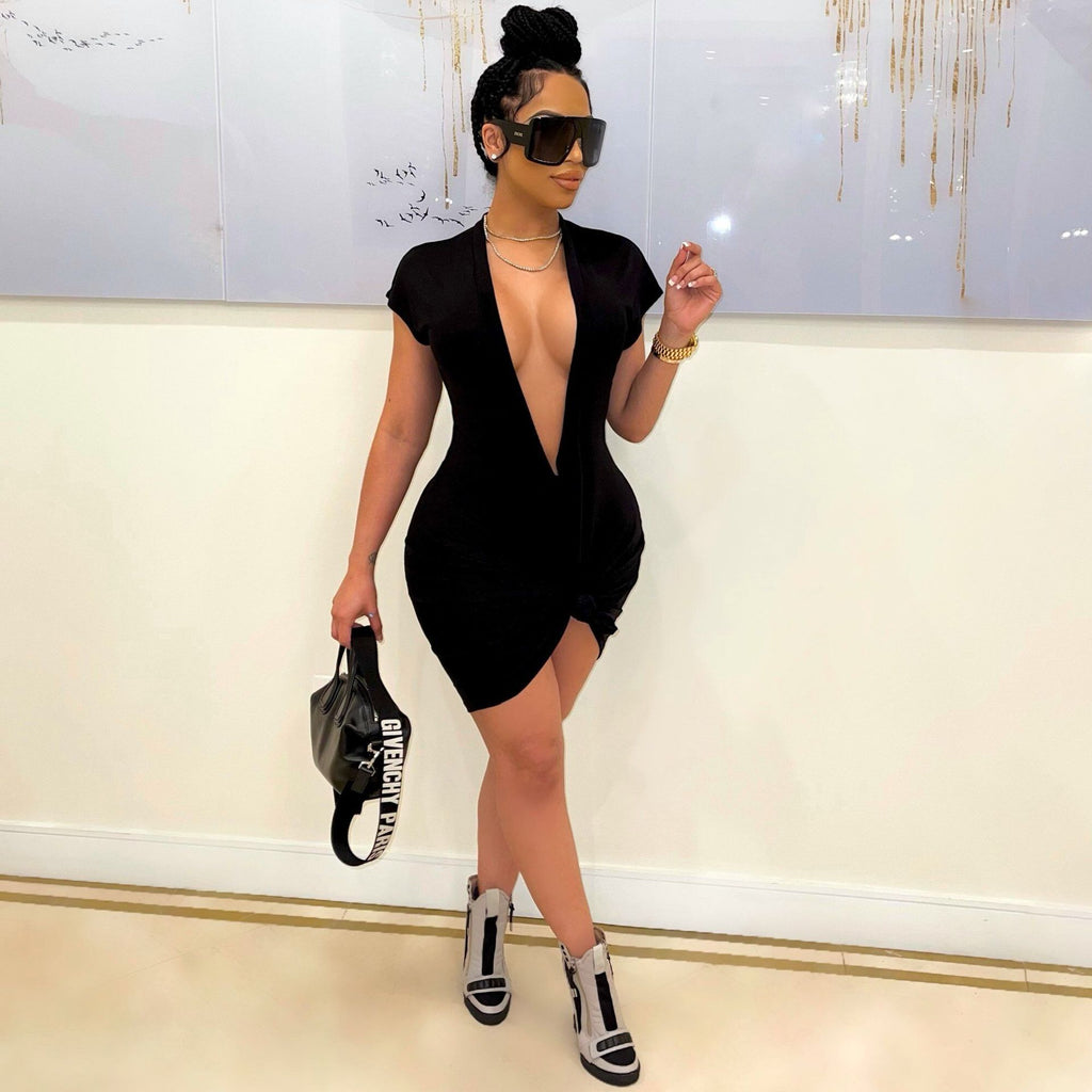 Sexy Fashion Sexy Nightclub Solid Color Deep V Dress