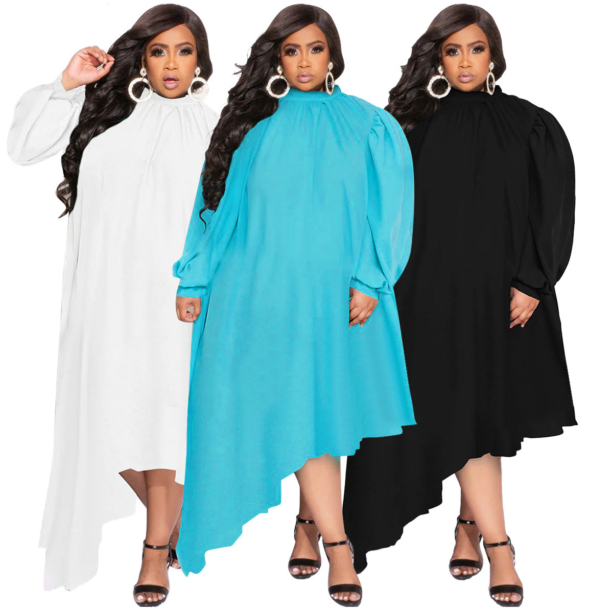 Sexy Plus Size Solid Long Sleeve Irregular Maxi Dress