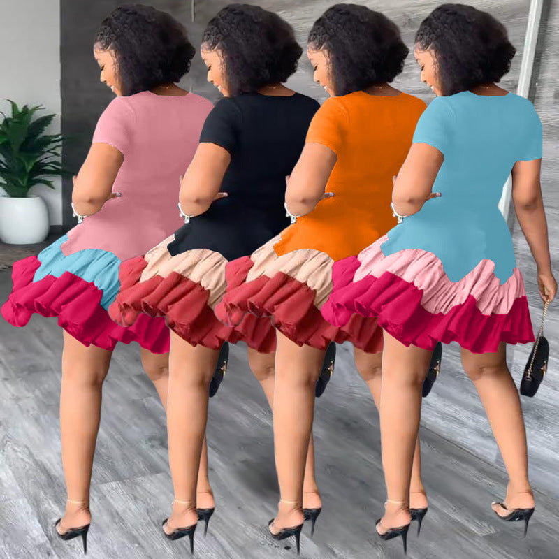 Sexy Short Sleeve Patchwork Pleated Mini Dress