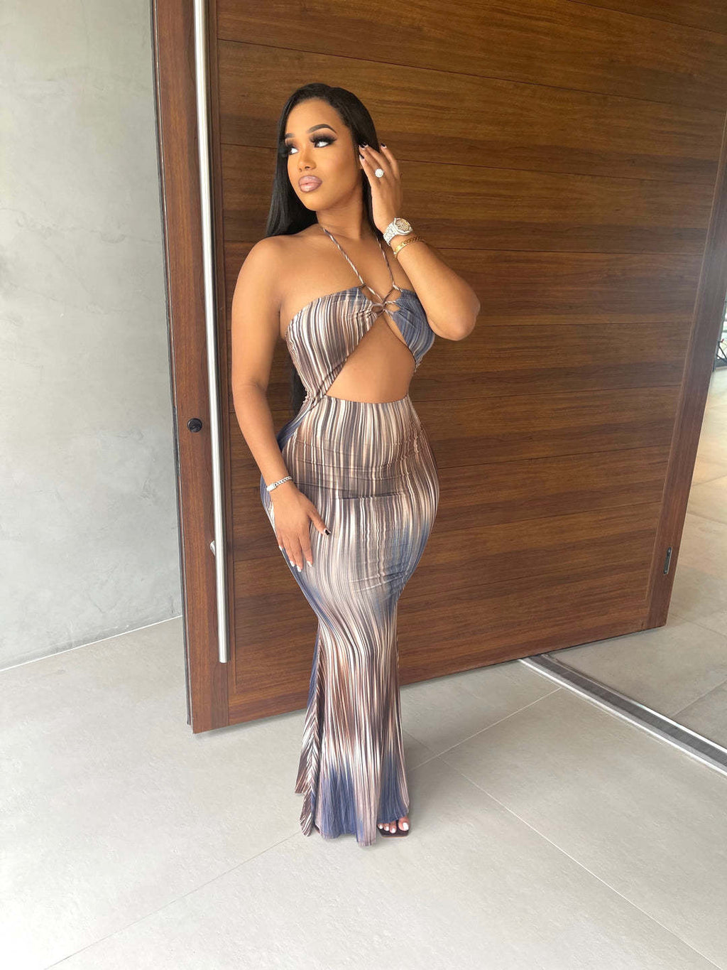 Sexy Sexy Printed Halter Hollow Out Maxi Dress