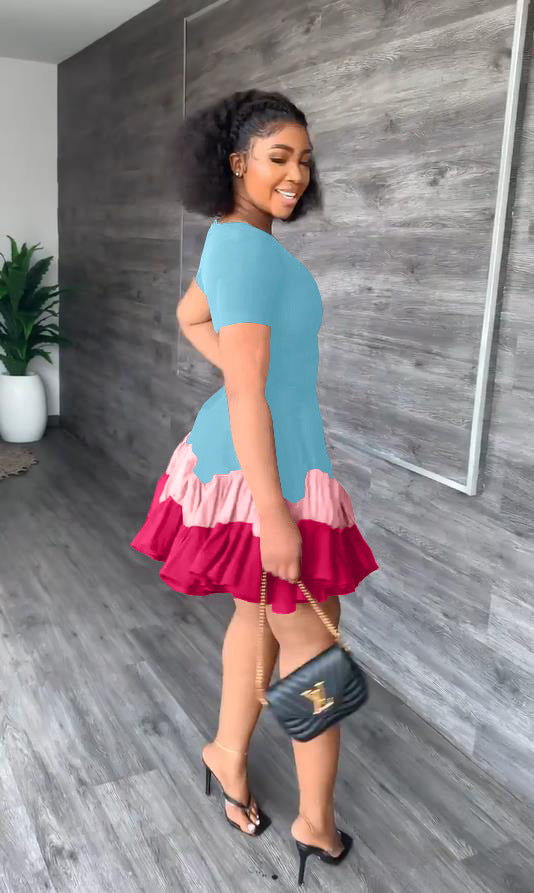 Sexy Short Sleeve Patchwork Pleated Mini Dress