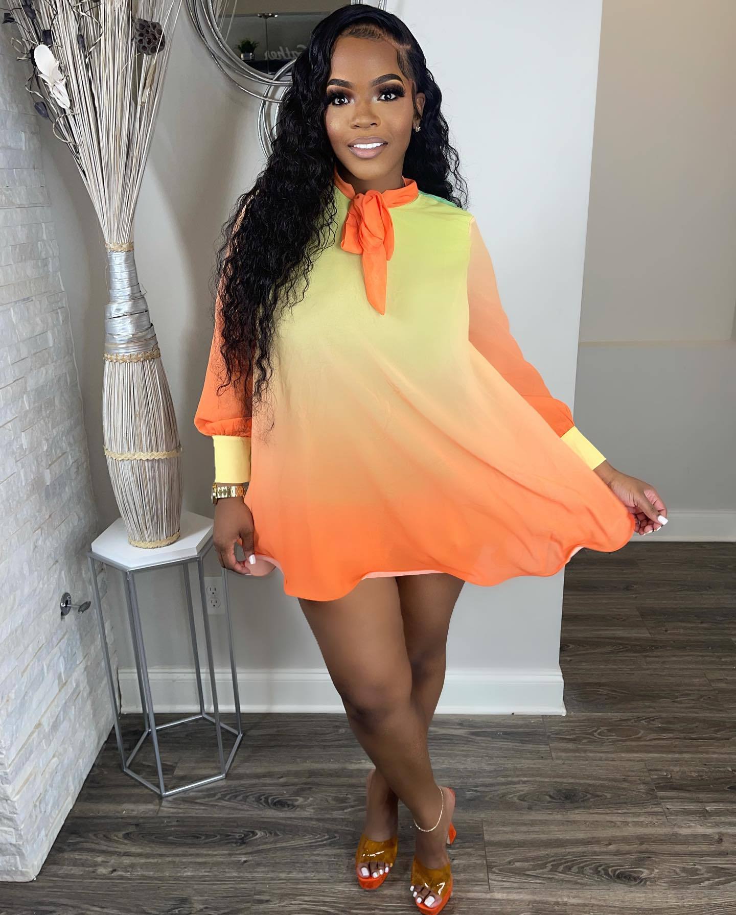 Sexy Plus Size Chiffon Gradient Long Sleeve Loose Mini Dress