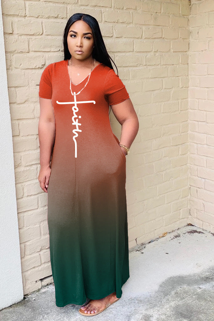 Sexy Gradient Letter Print Short Sleeve Maxi Dress
