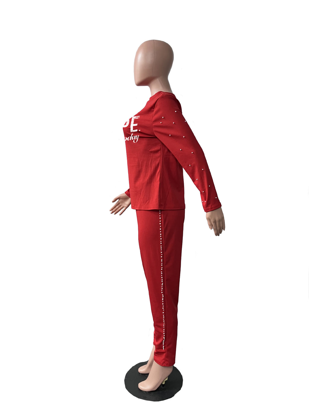 Sexy Pearl Decoration Long Sleeve Print Pant Casual Suit